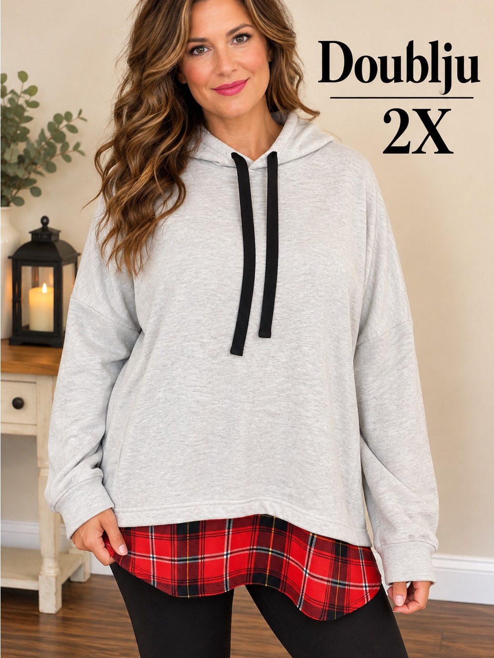 Doublju Women’s Plus Size 2X Gray Plaid Layered Hoodie